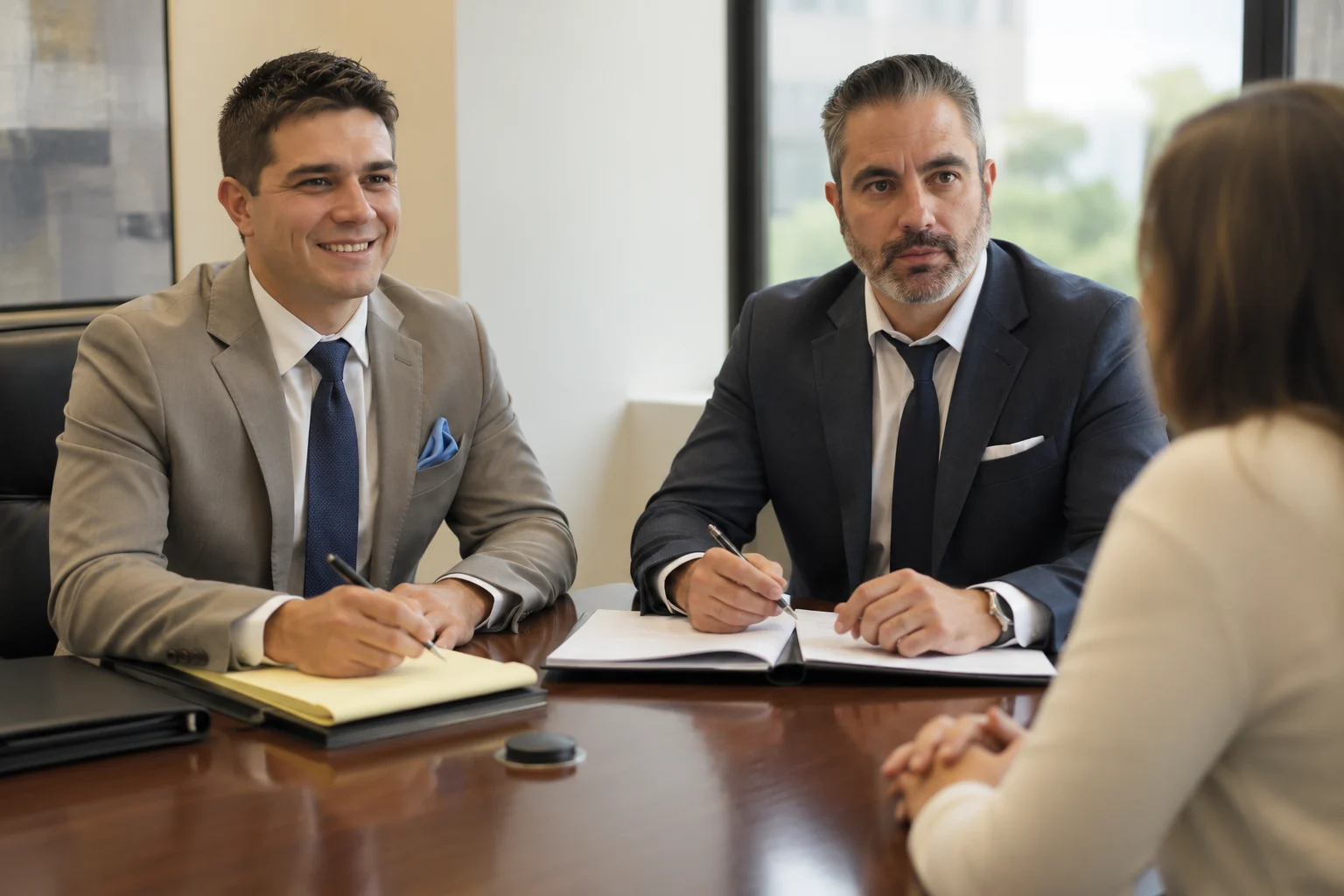 Matt Mandelker and Chandler Wallace meeting with a client at Cap City Injury Attorneys