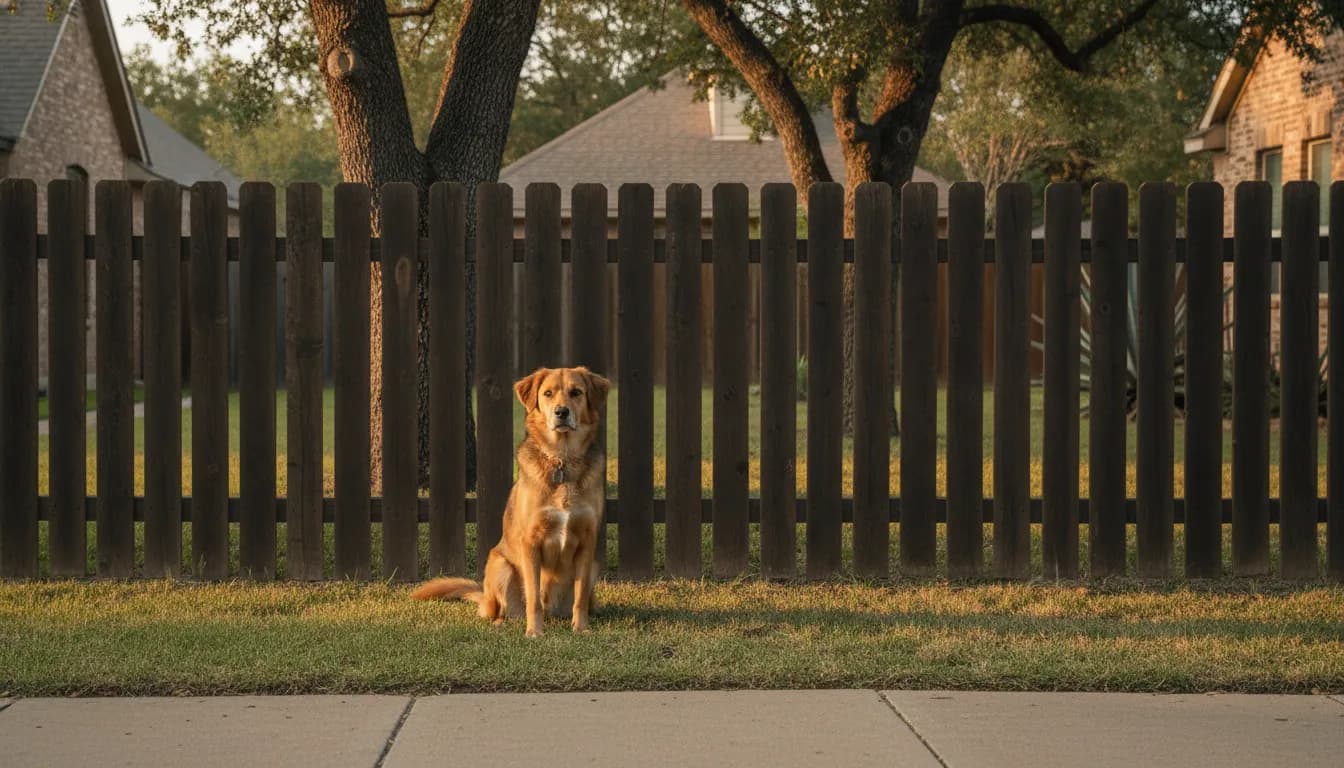 Dog safely behind a secure fence beside an Austin neighborhood sidewalk
