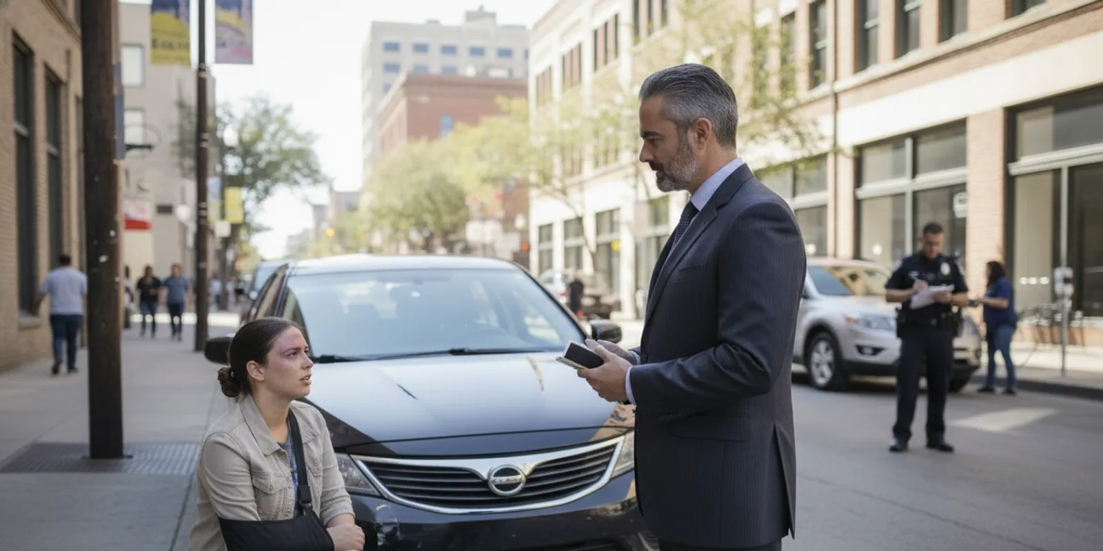 Austin rideshare collision scene with an attorney reviewing case documents