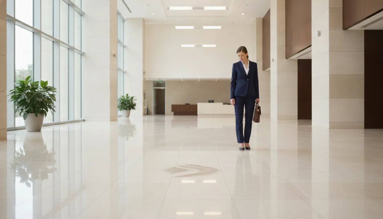 Commercial building entryway with polished floor where a person pauses and looks down cautiously at an imperfection on the ground