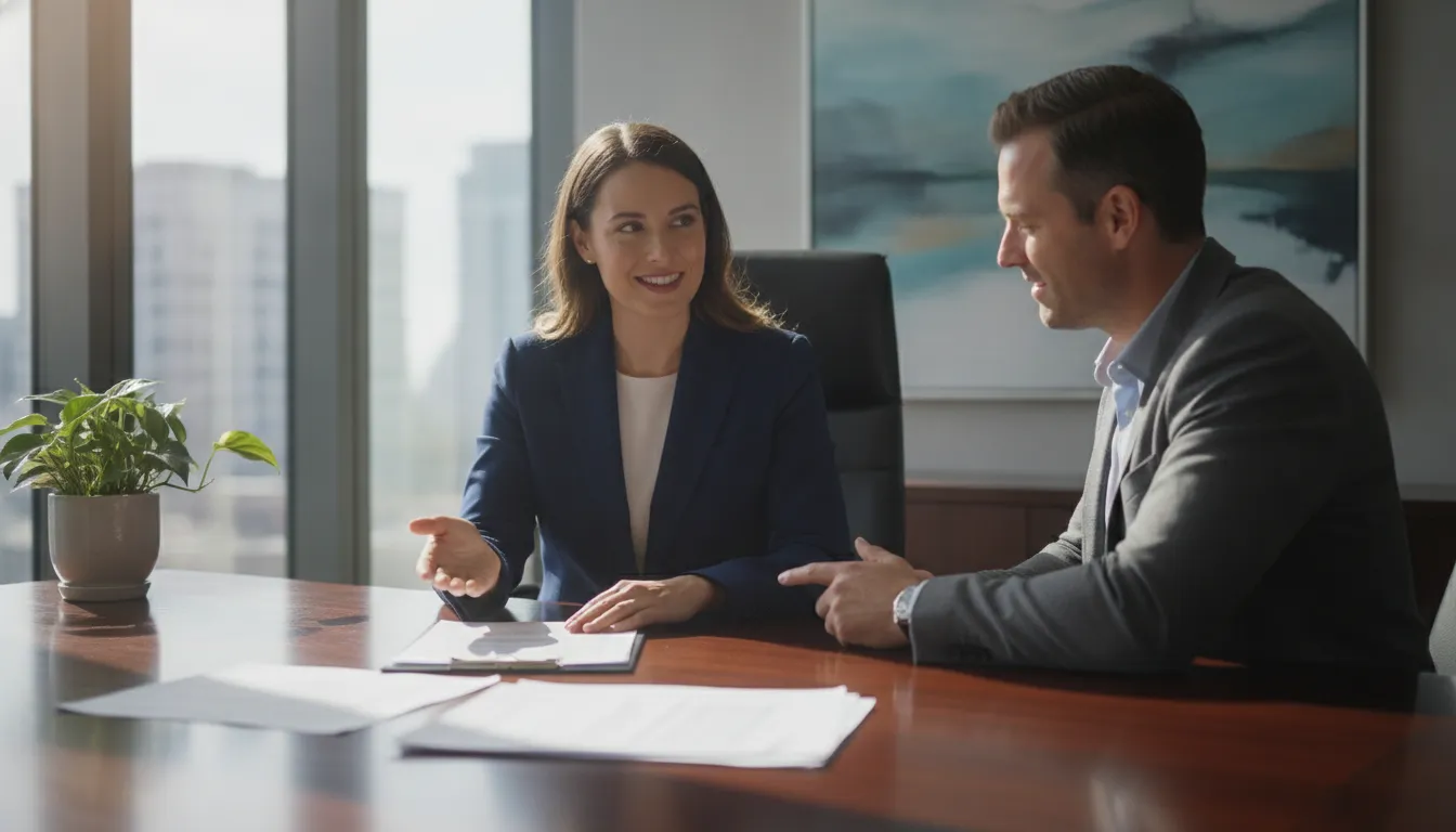 Attorney reviewing settlement documents with a client in a bright office