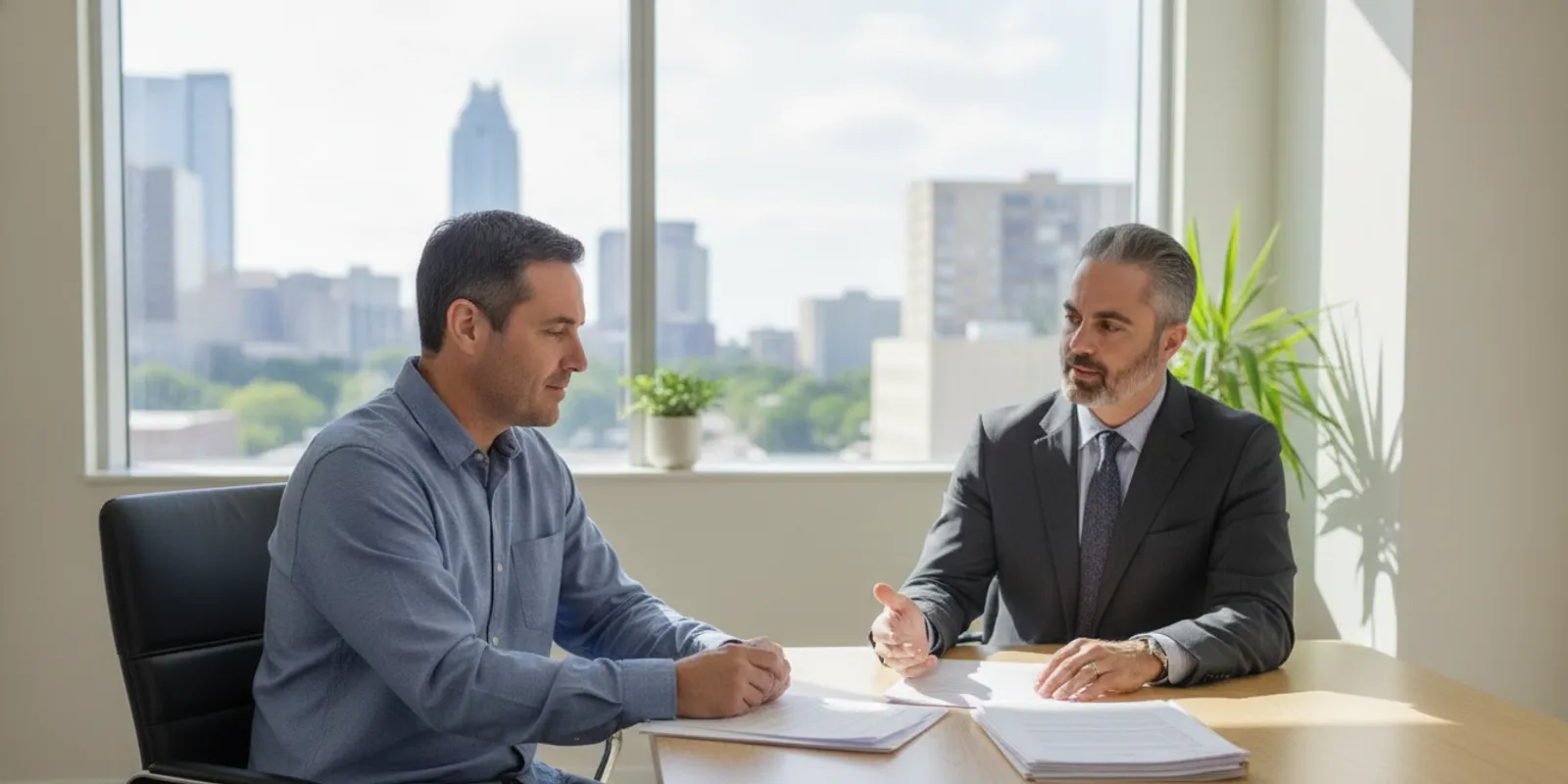 A Texas accident victim reviewing documents with a lawyer at a desk