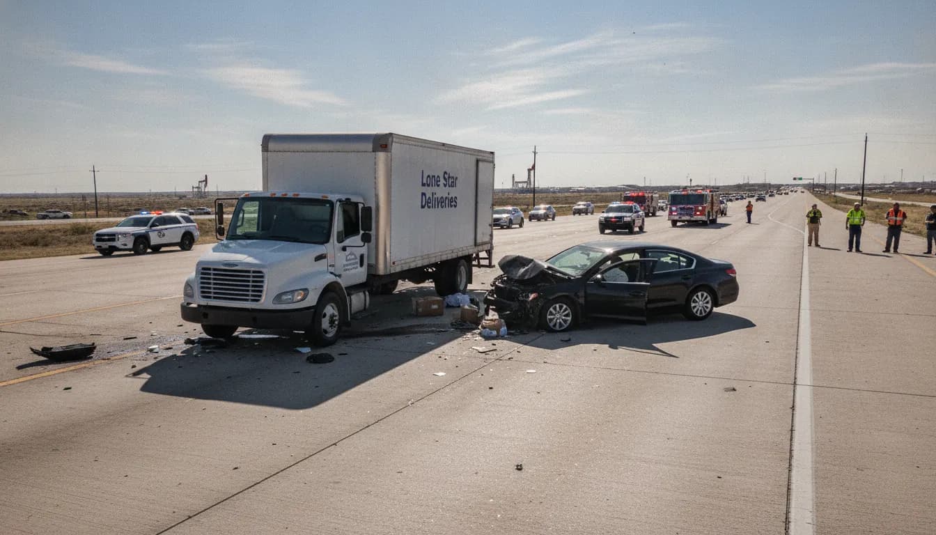 Delivery truck and car at a Texas intersection after a collision