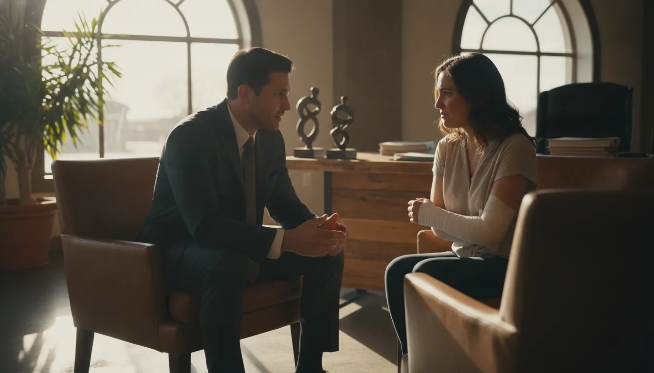 A personal injury attorney speaking with a woman whose forearm is bandaged in a Texas law office