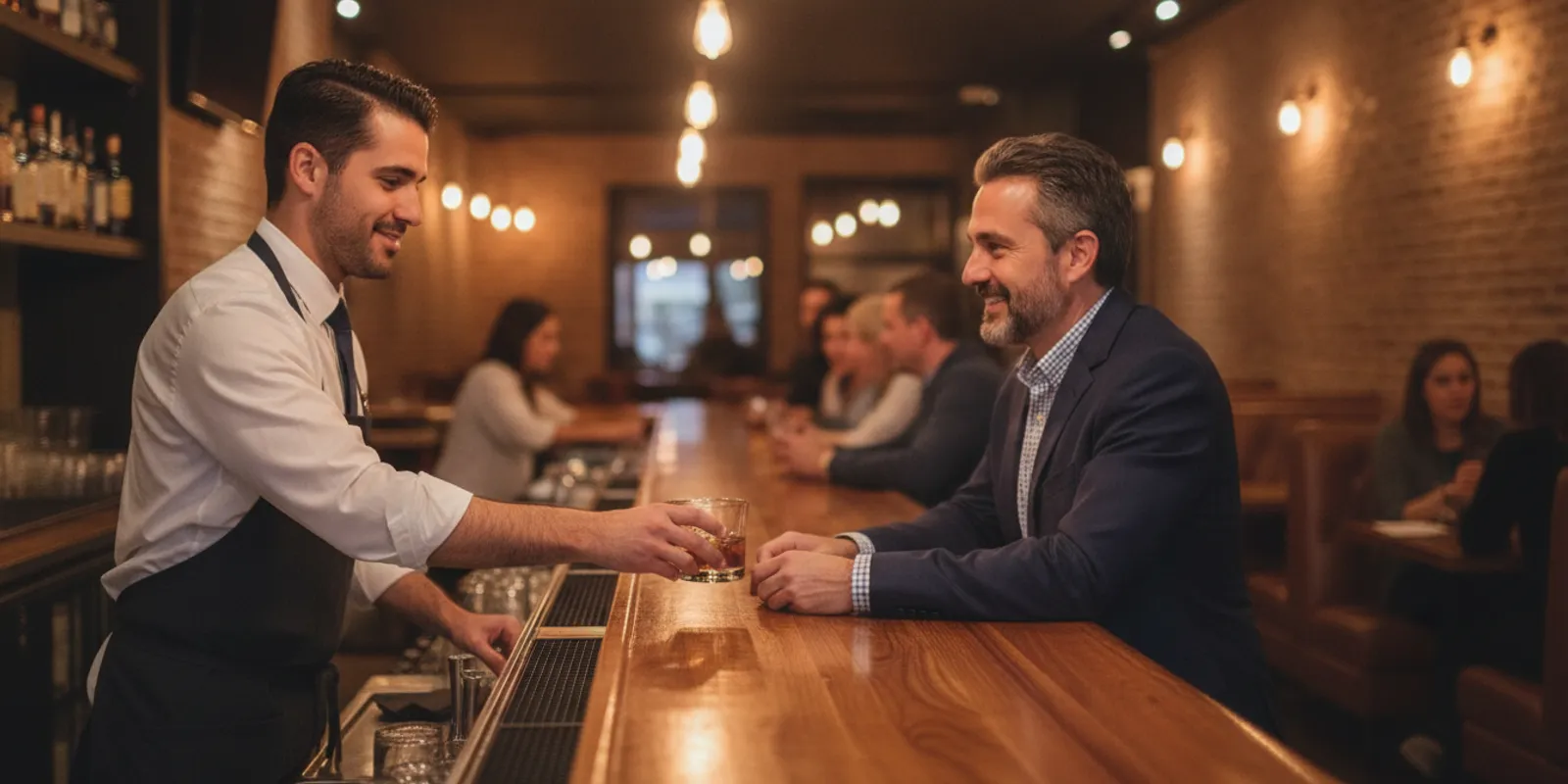 A bartender serving a customer at a bar in Austin, Texas
