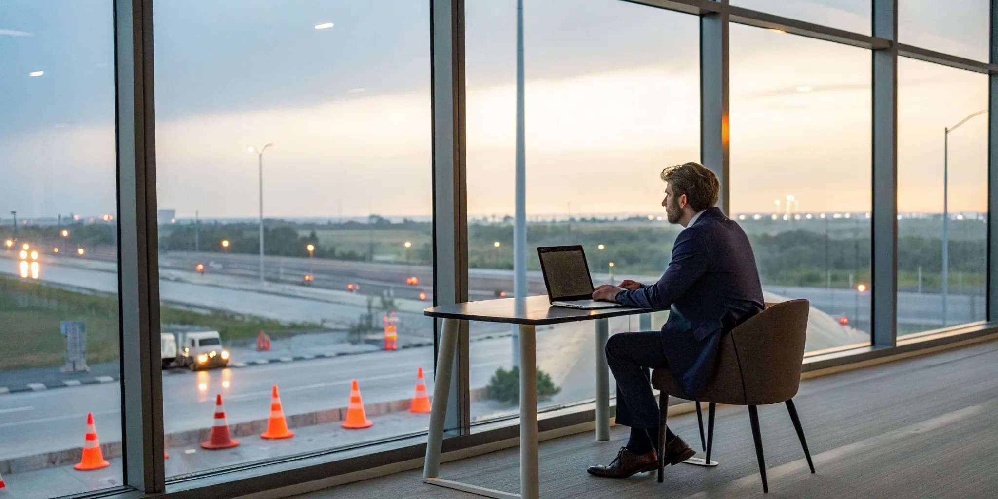 An 18-wheeler accident lawyer in Beaumont works on a case overlooking a highway.