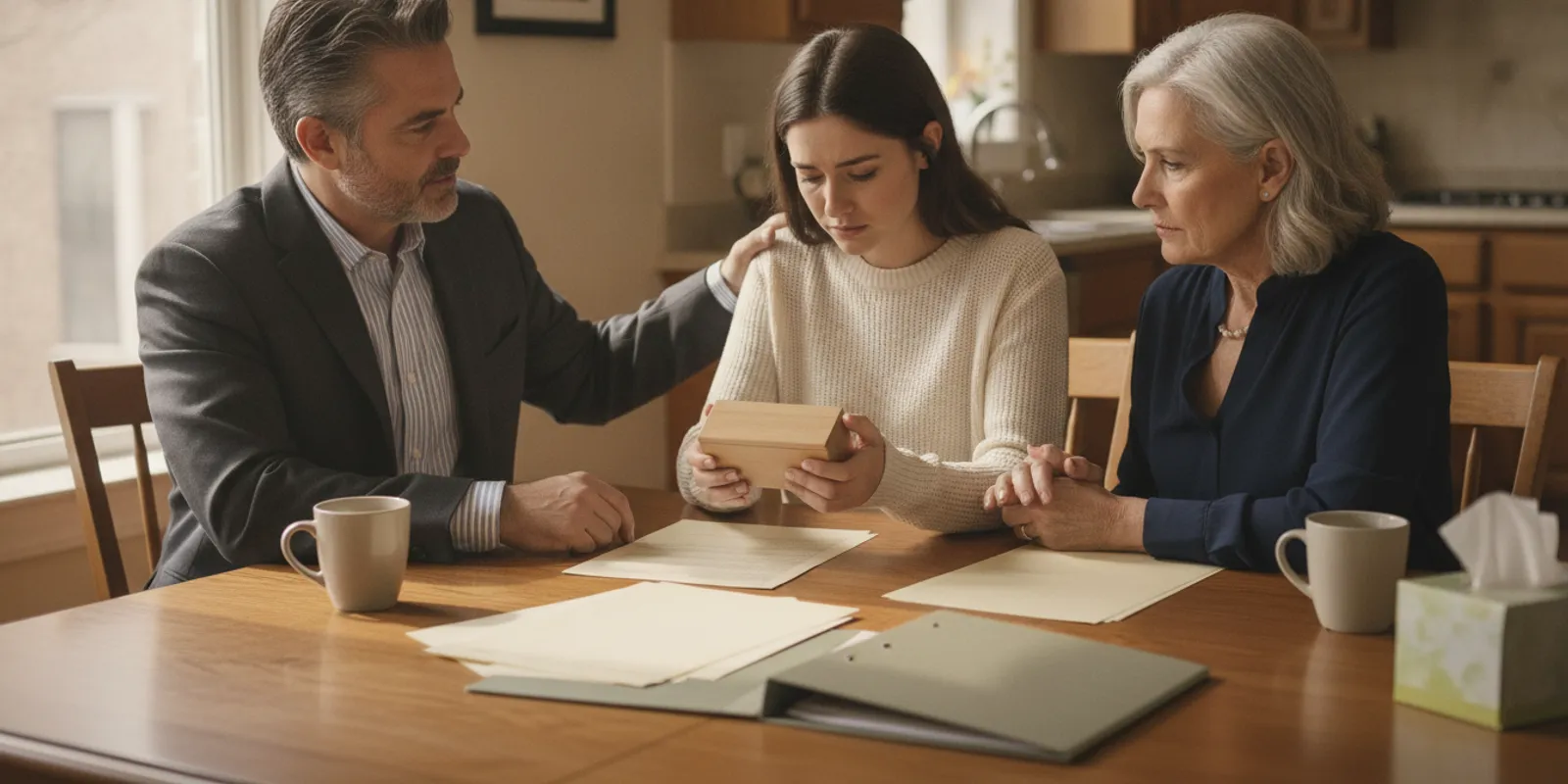 Family members reviewing paperwork together at a table