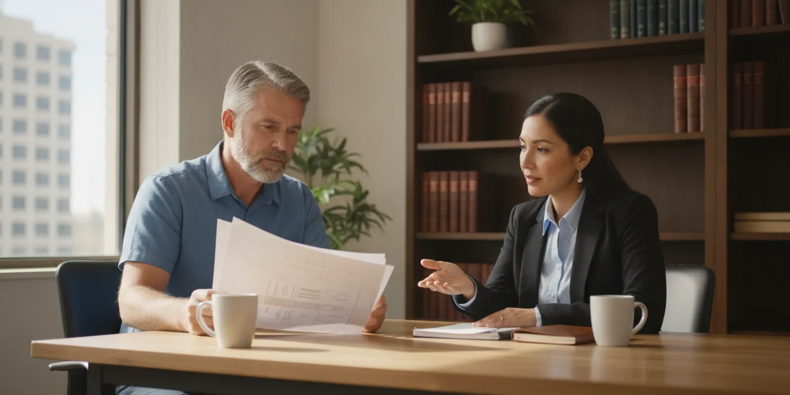 A visitor and attorney reviewing documents about a property injury claim at a table