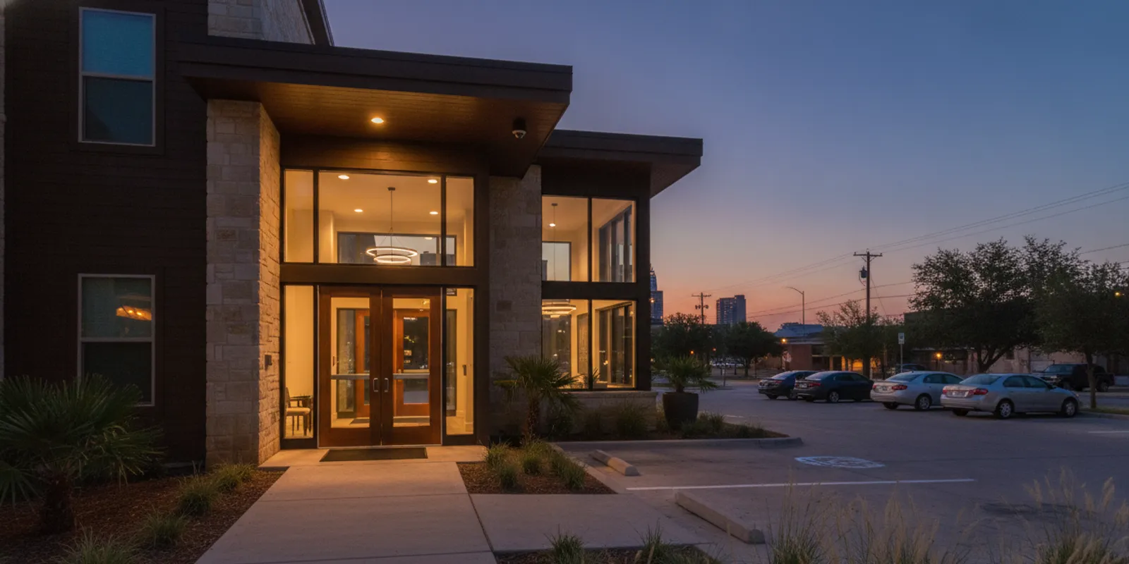 A Texas apartment parking area with security lighting and a visible entrance
