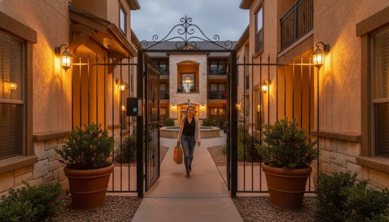 Lit apartment entry doors and security gate illustrate a Texas negligent security claim