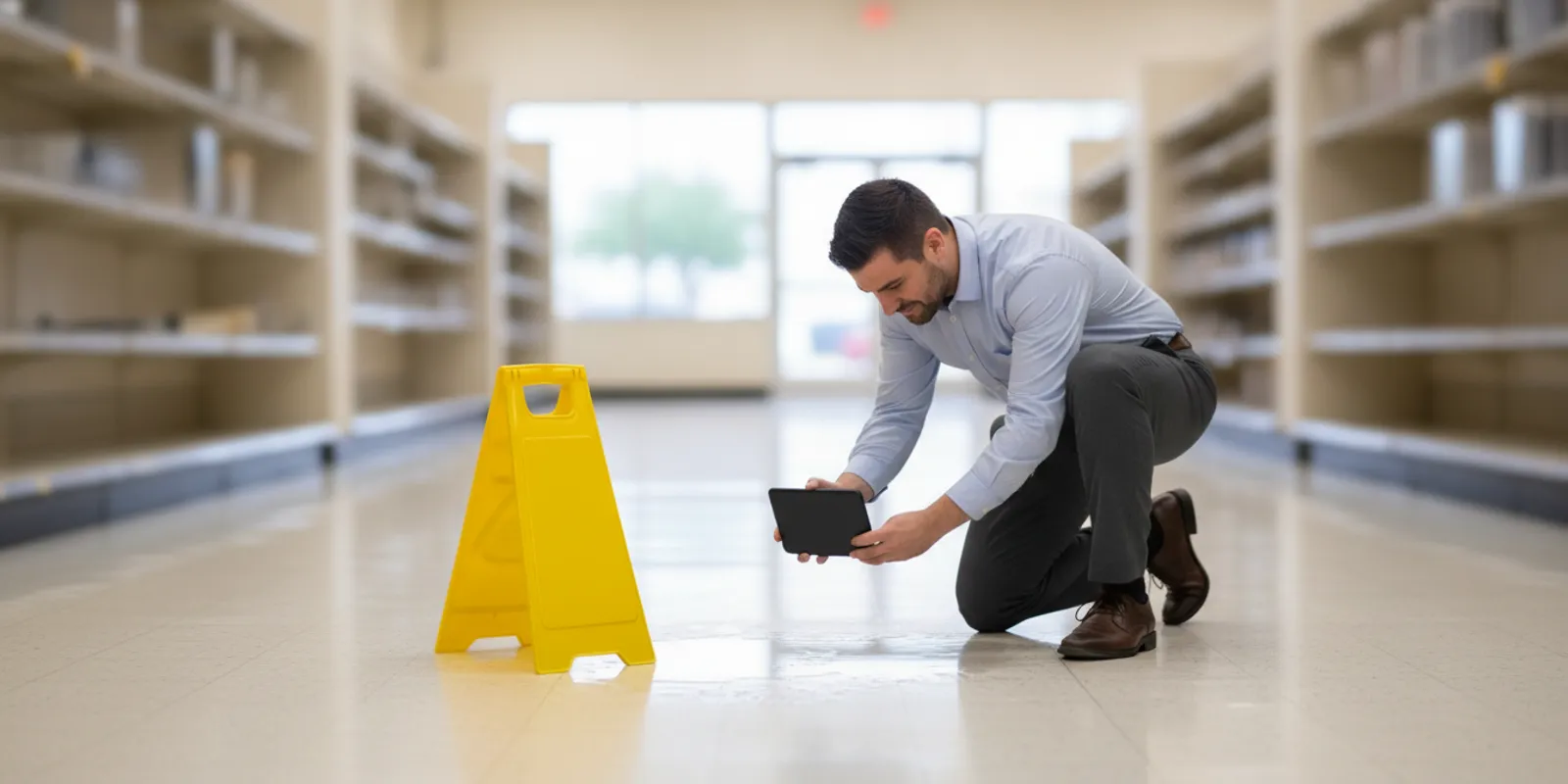 A person carefully documenting a wet floor hazard inside a Texas commercial property