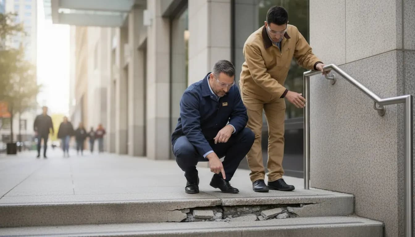 Property managers inspecting a damaged stair at a Texas commercial building