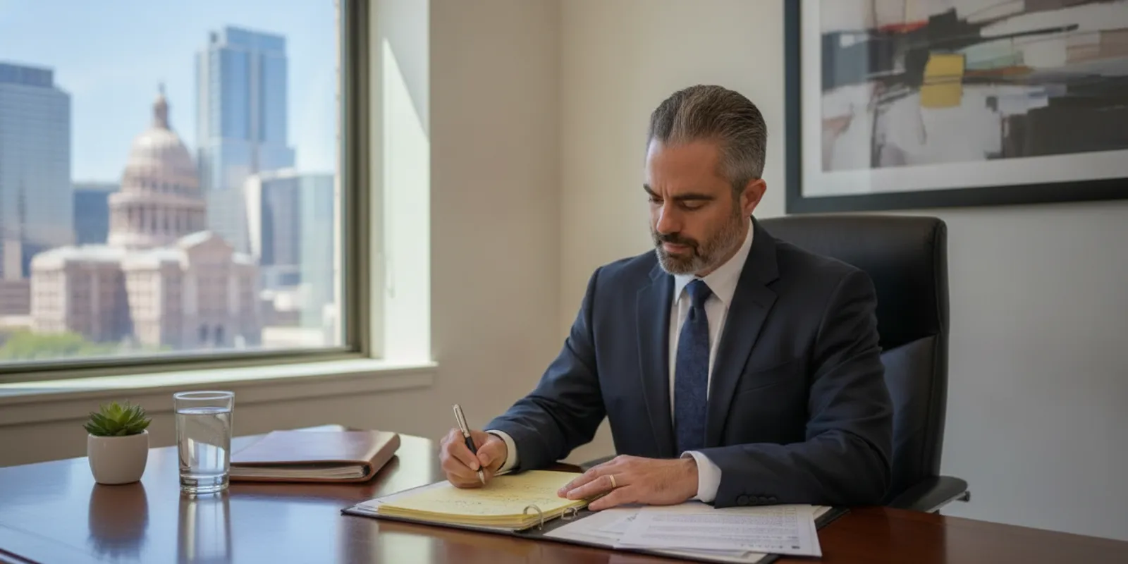 Texas personal injury attorney reviewing case documents at a desk