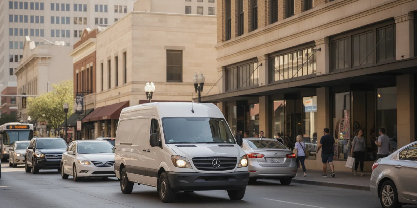 A delivery van traveling on an Austin street beside other traffic
