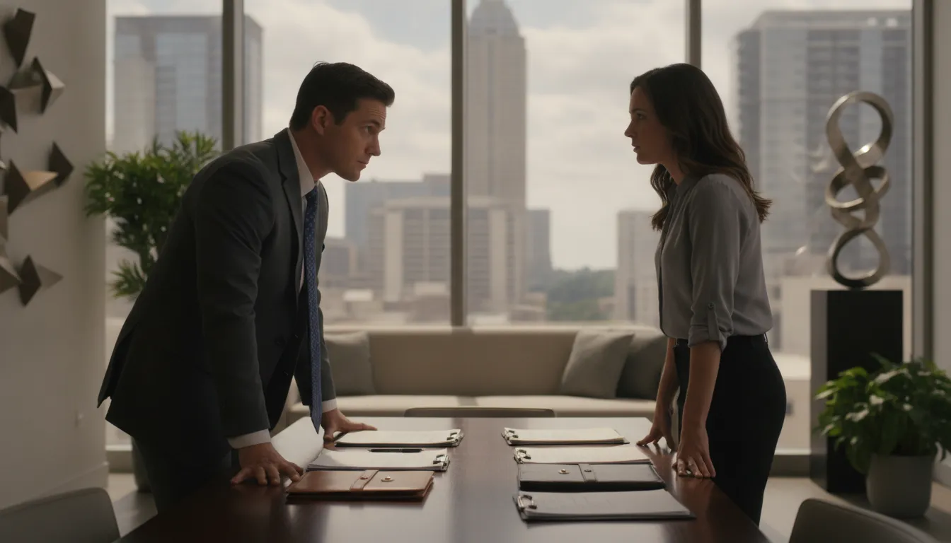 Personal injury attorney speaking with a client during a consultation in a professional office setting
