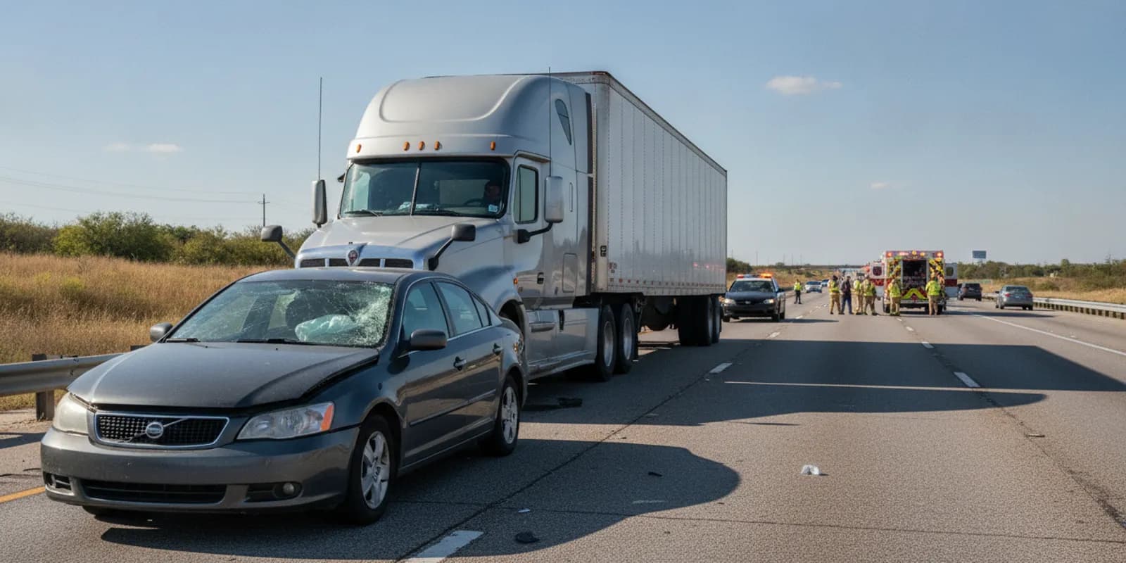 Damaged passenger car and an 18-wheeler stopped on a Texas highway after a collision