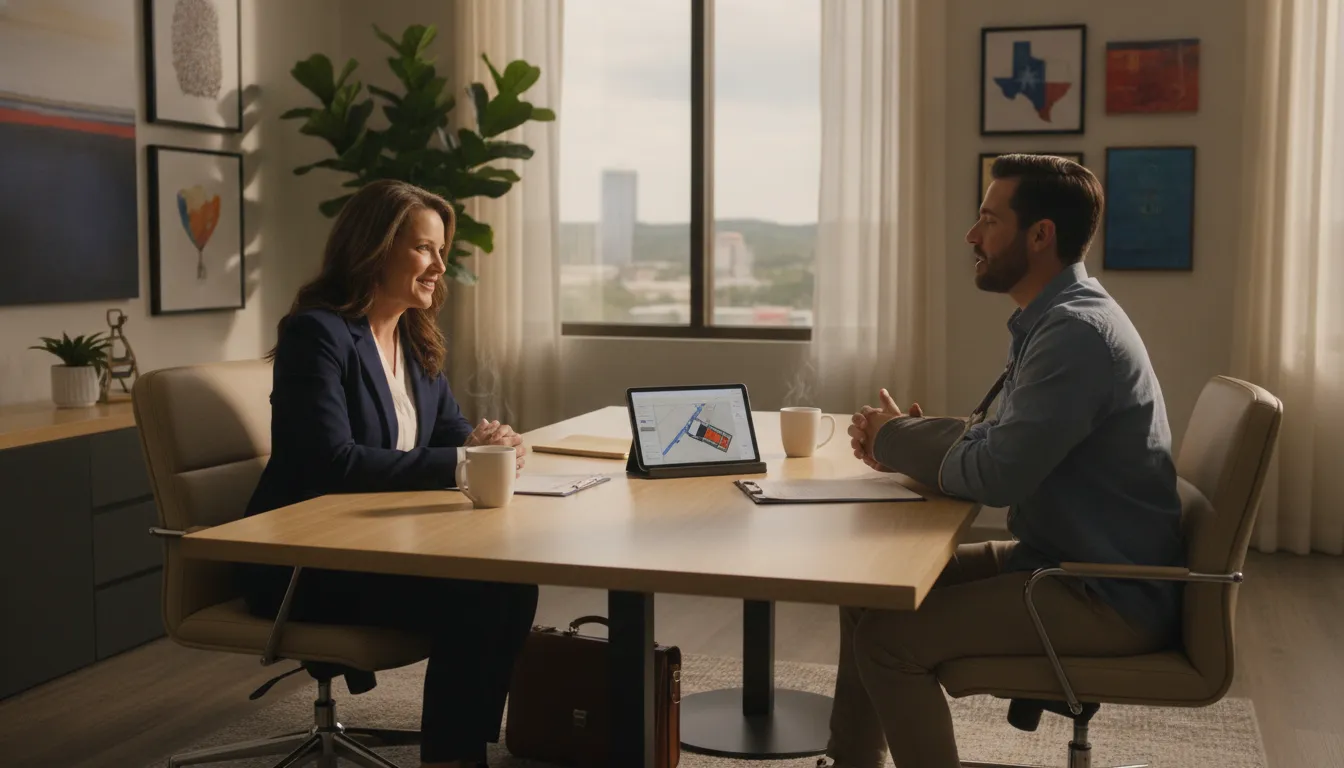 Personal injury lawyer meeting with a car accident client in a modern office