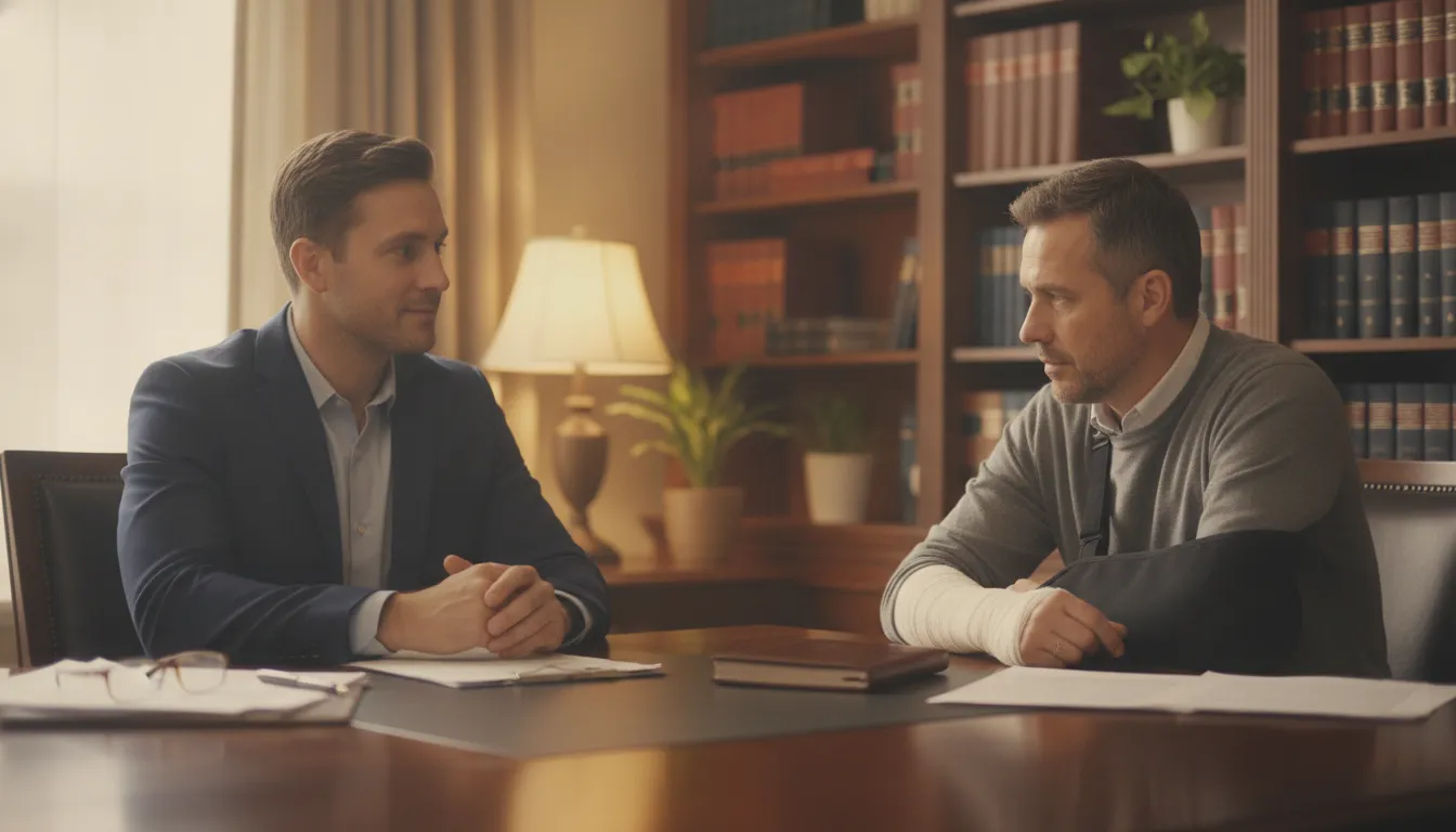 Personal injury attorney consulting with a client recovering from a slip and fall injury