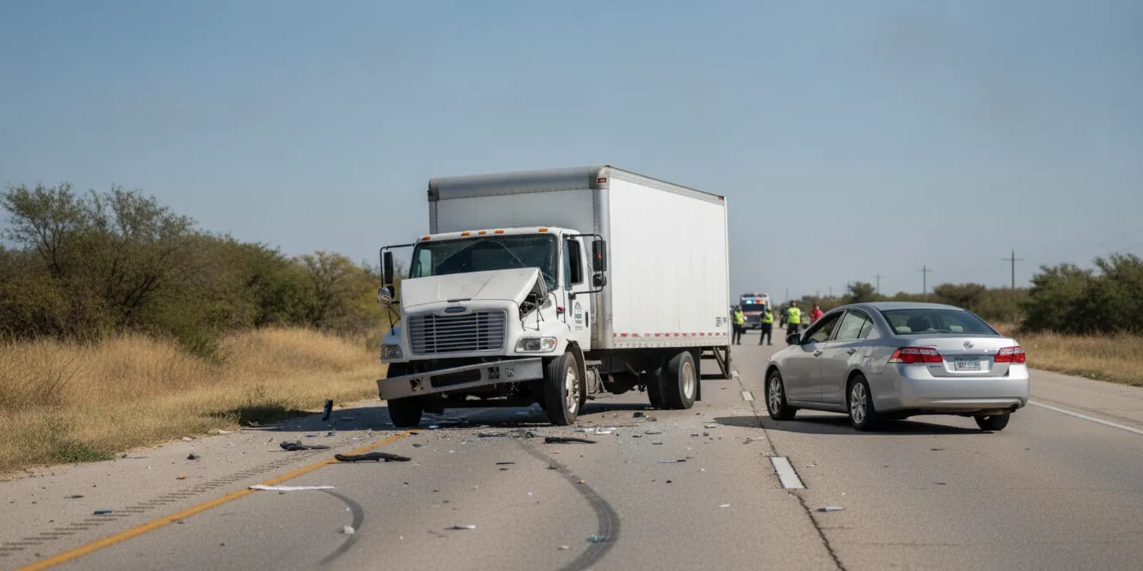 Damaged delivery truck and passenger vehicle on a Texas roadway after a collision