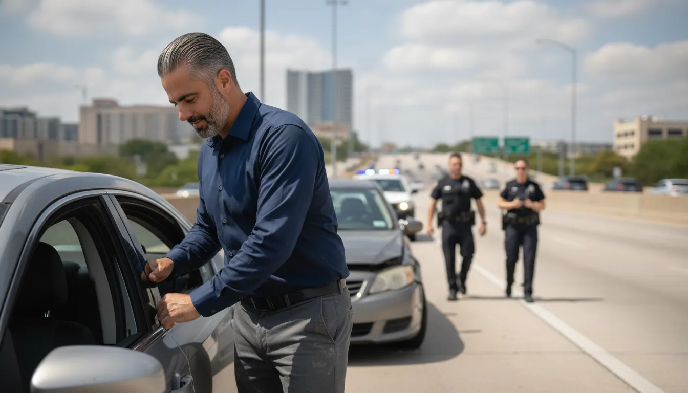 Austin driver documenting a car accident scene safely