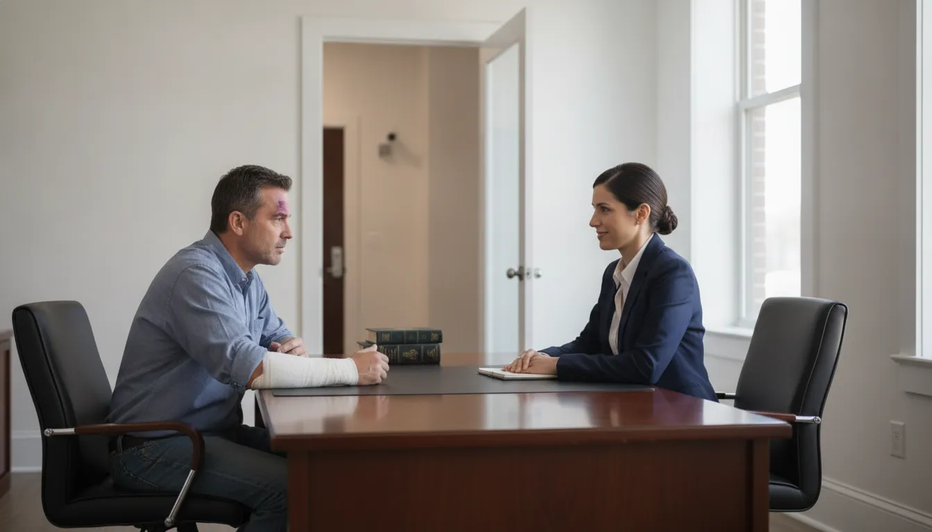 Injured person speaking with a legal professional after a property crime