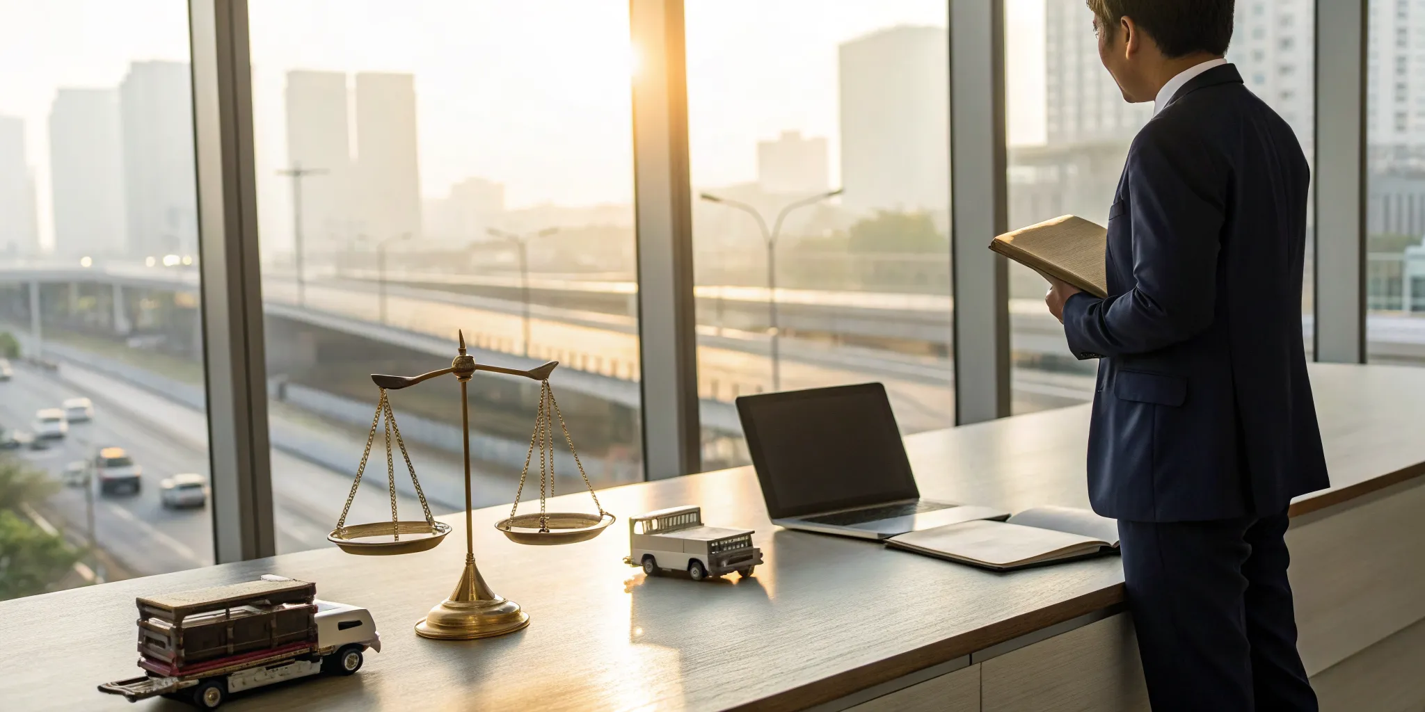A Beaumont truck accident attorney's desk with toy trucks used for case strategy.