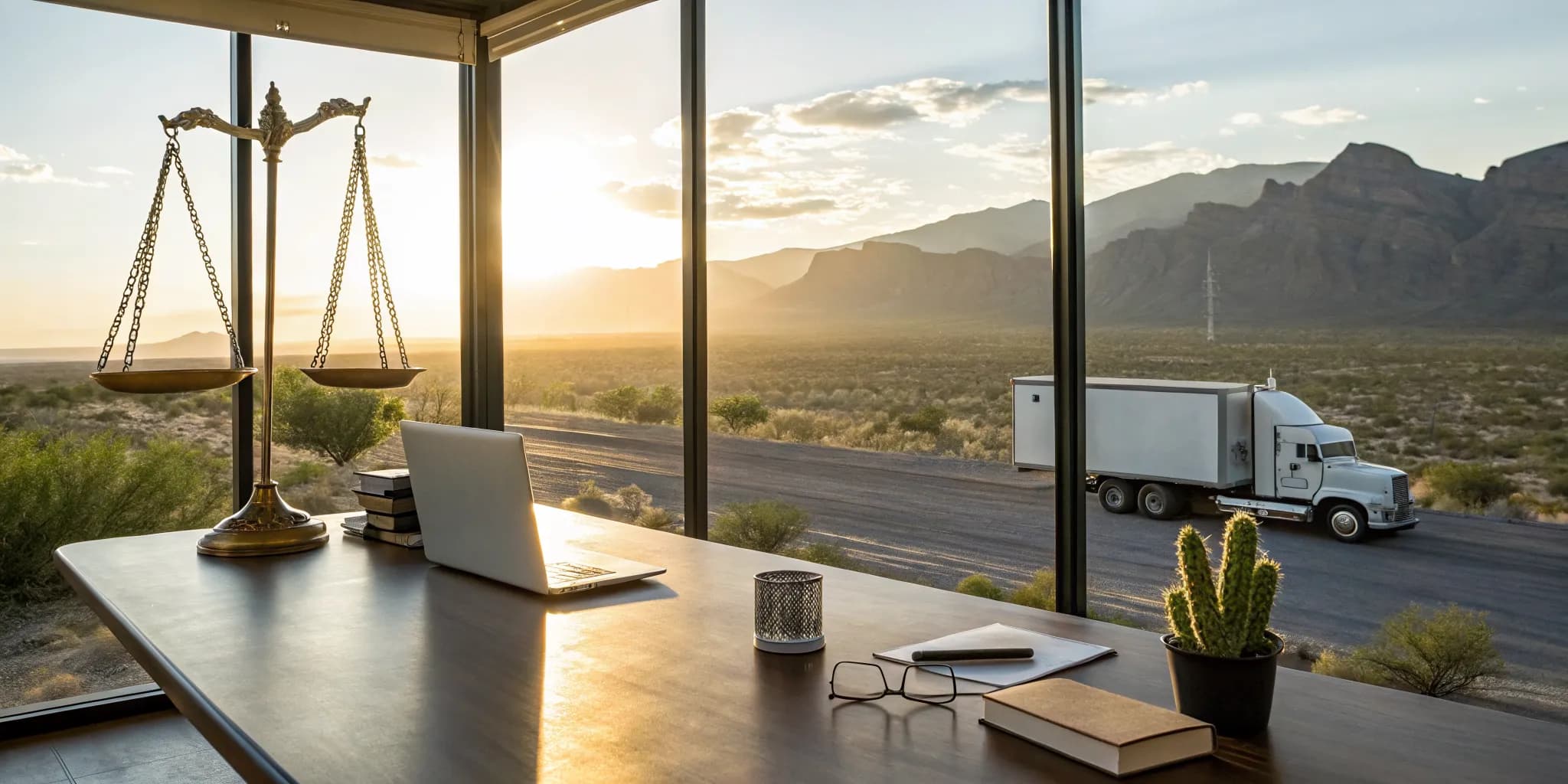 A commercial truck accident lawyer's desk with scales of justice overlooking an El Paso highway.
