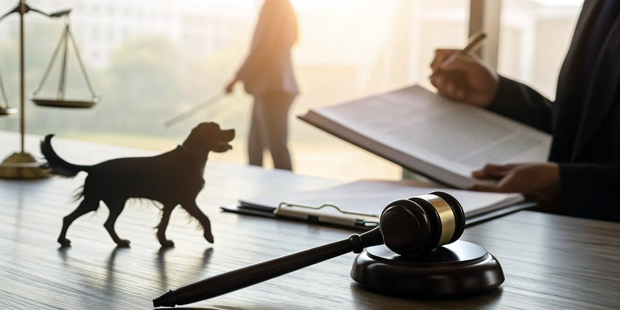 A dog bite lawyer reviews a compensation claim with a gavel and legal scales on the desk.