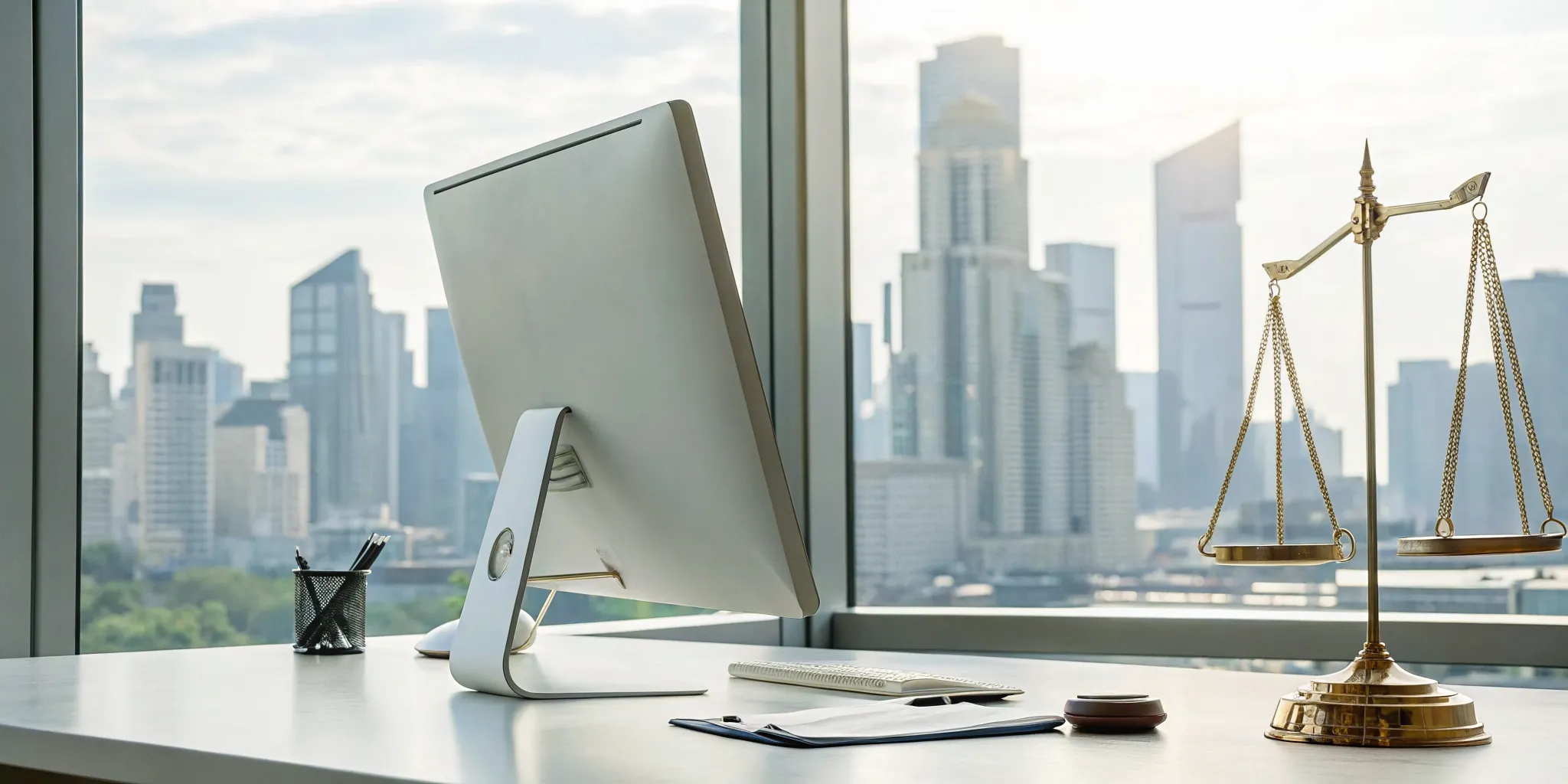 Legal scales on the desk of a truck accident attorney who helps maximize your claim.