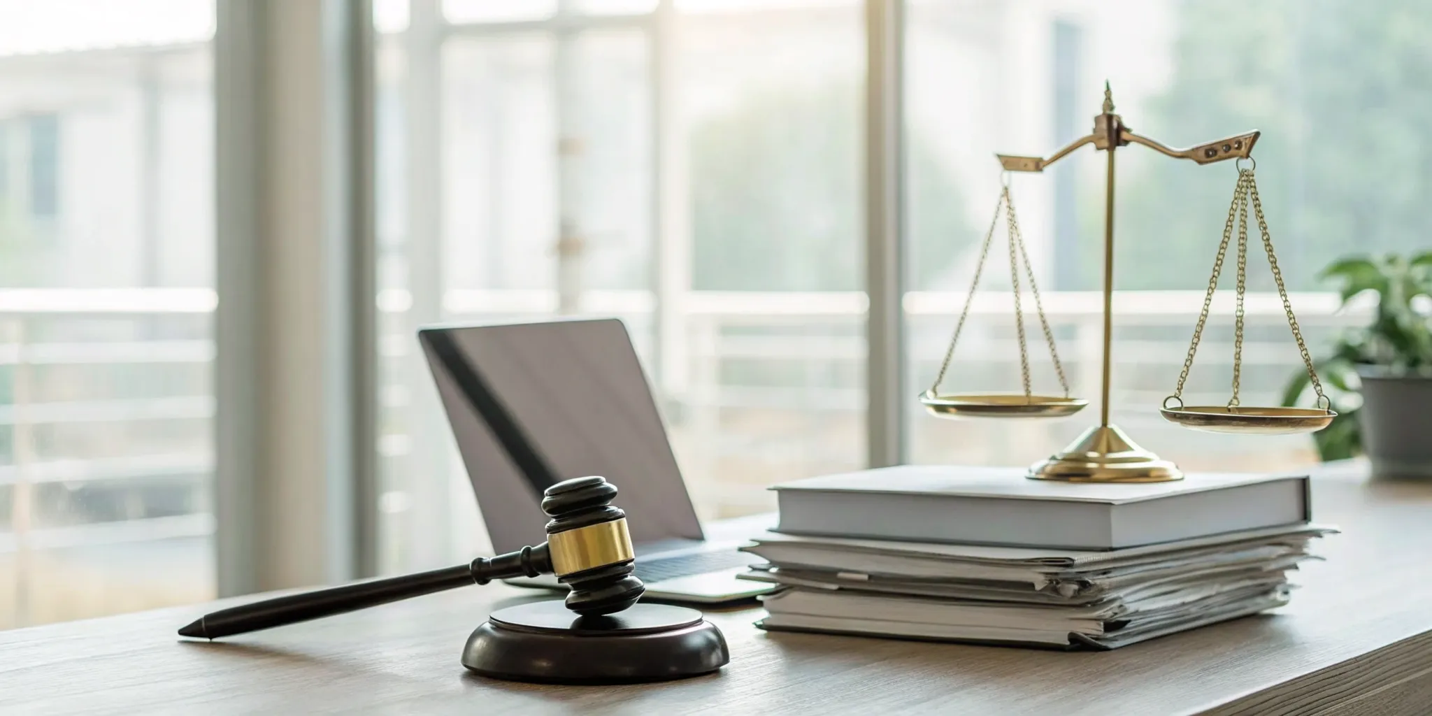 Gavel, scales, and law books on a personal injury law attorney's desk.
