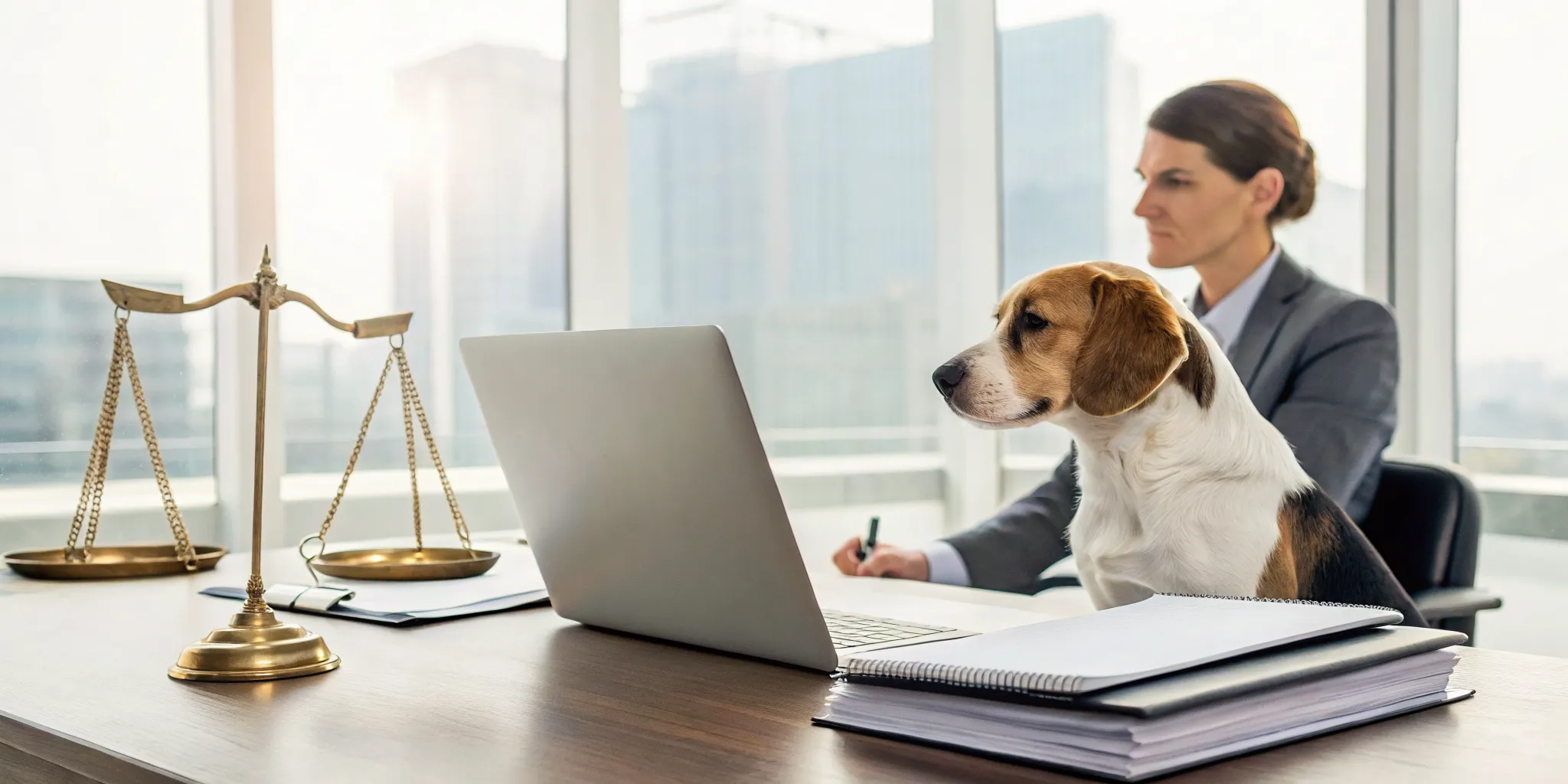 A dog bite lawyer at a desk with a dog, reviewing documents for an injury claim.