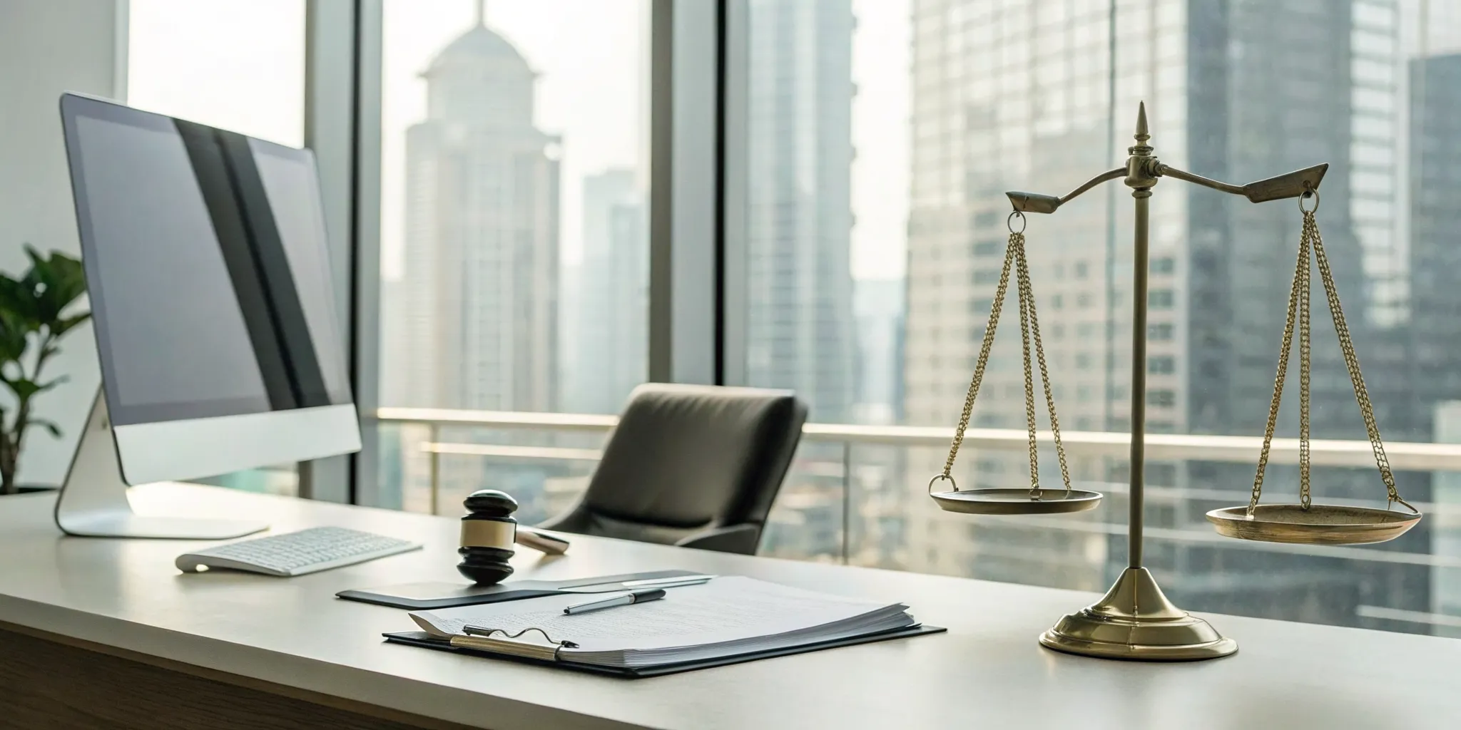 A slip and fall injuries lawyer's desk with scales of justice, a gavel, and legal documents.
