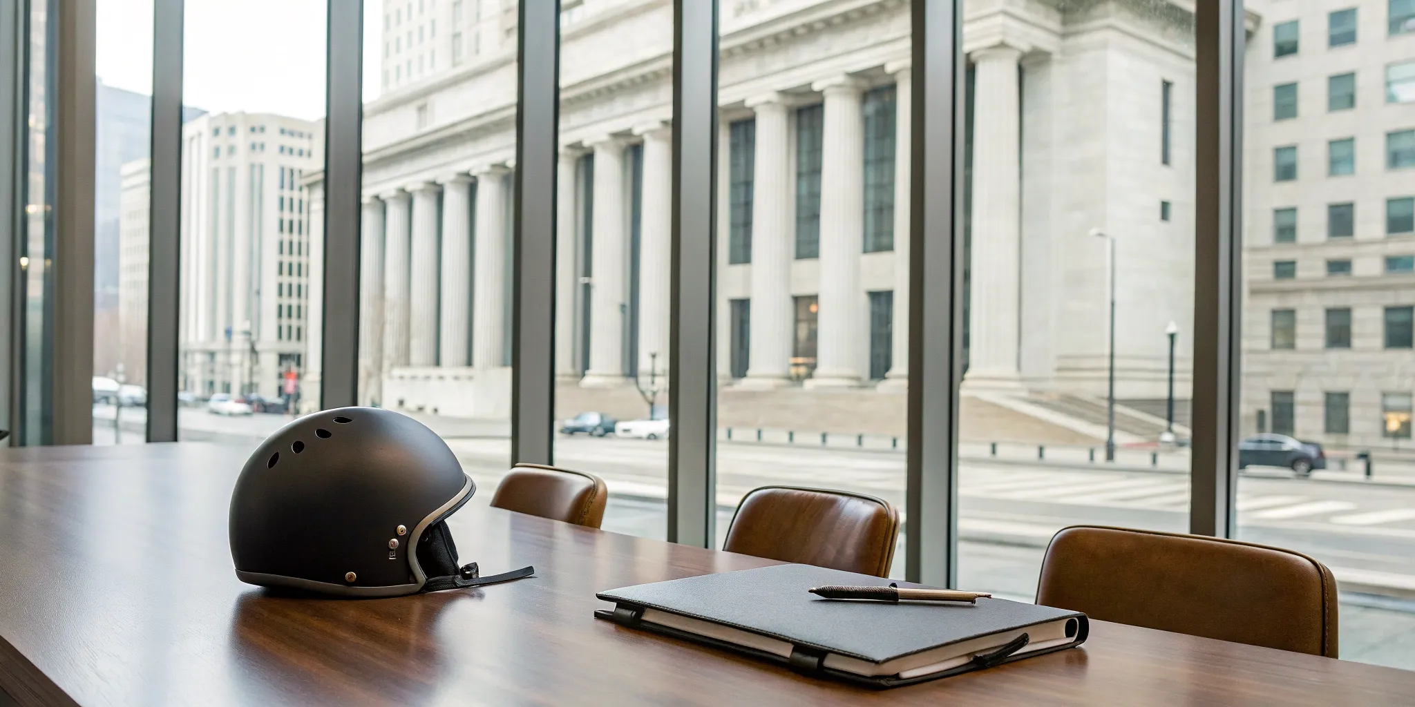 An electric scooter accident lawyer's desk with a helmet and legal documents.