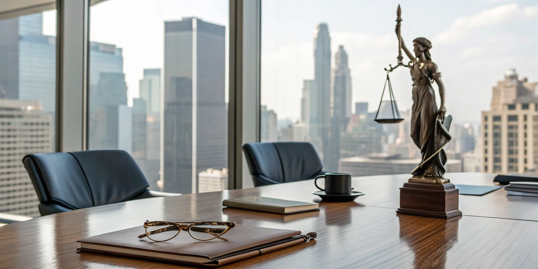 Office of a fatal accident attorney with a Lady Justice statue and legal books.
