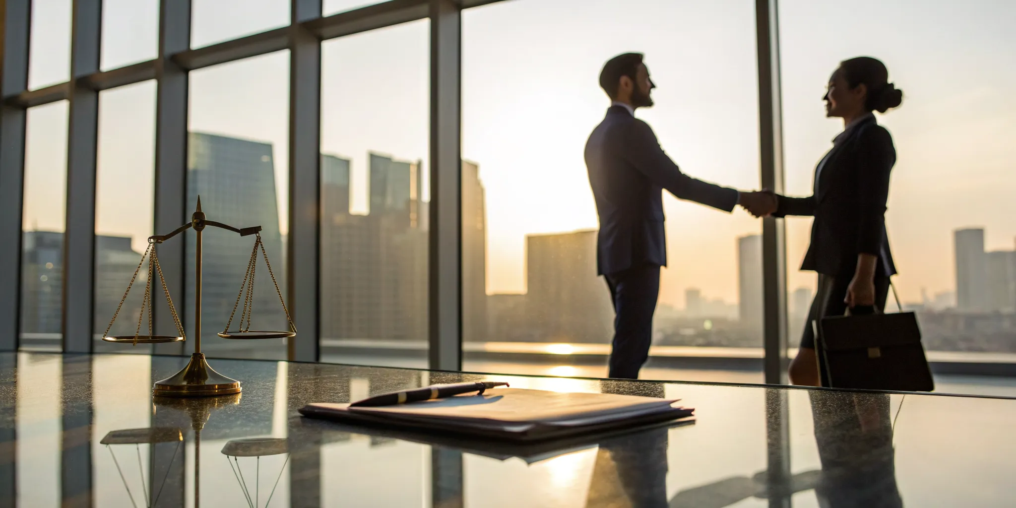 Personal injury lawyer and client shake hands on a no win, no fee agreement.