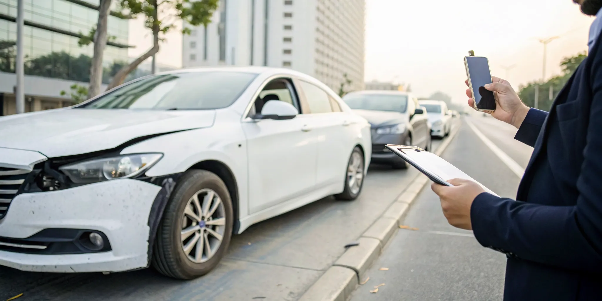 Man documenting car accident damage for his insurance claim.