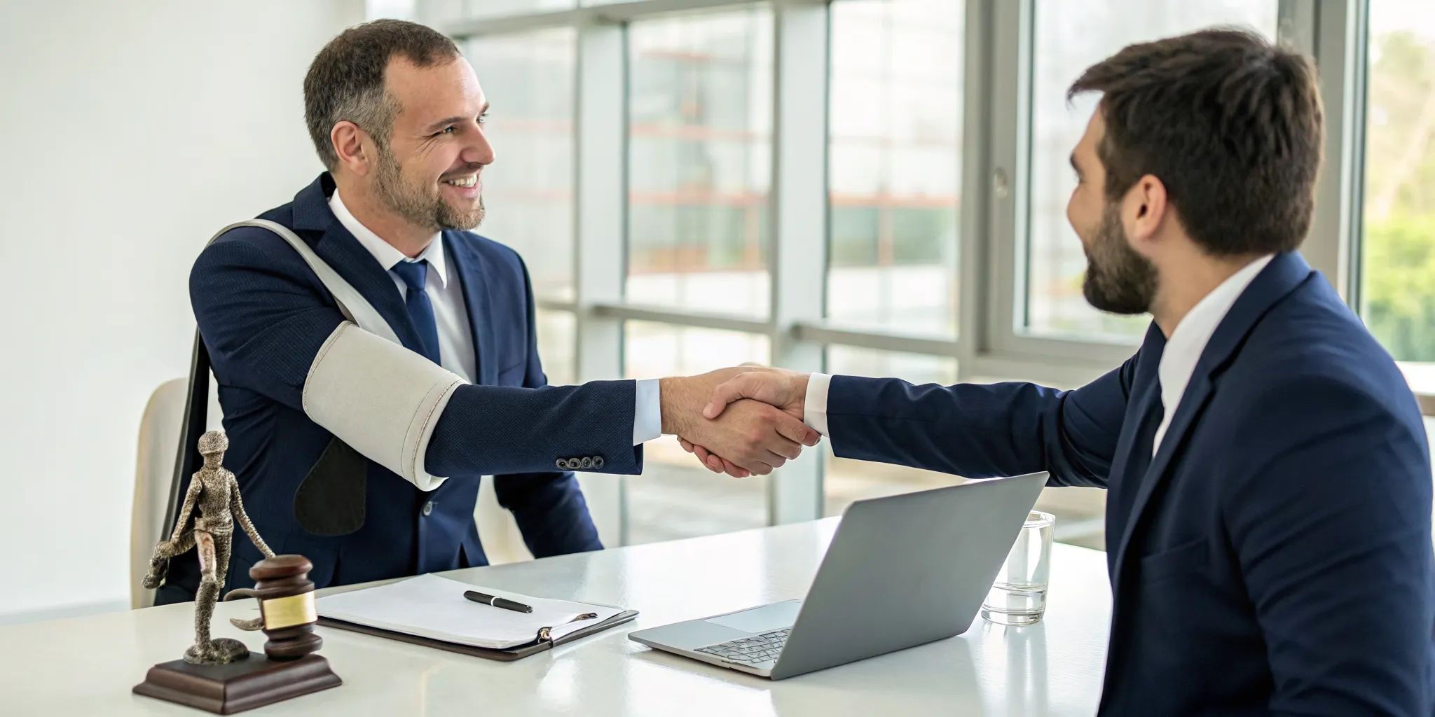 An injured man in a sling meets with an injury attorney near me for a consultation.