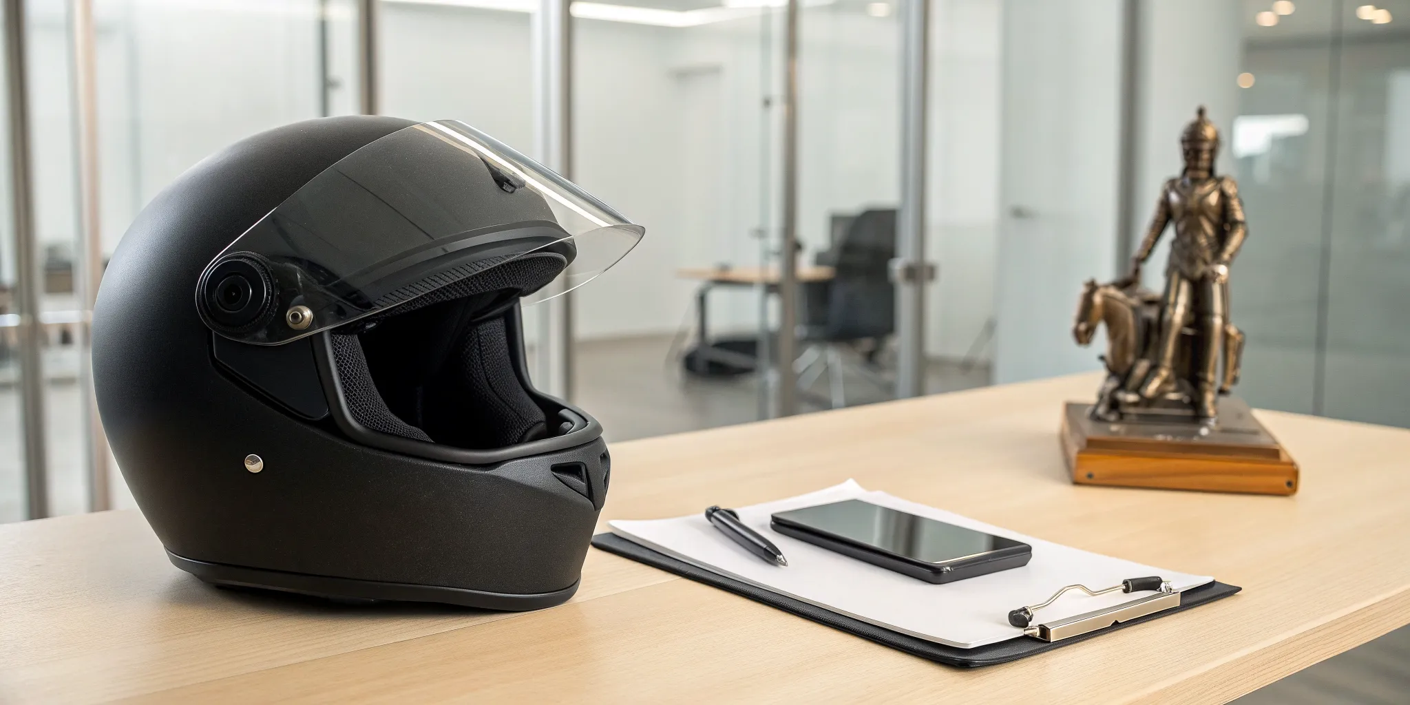 Motorcycle helmet and paperwork on a desk for a motorcycle injury claim.