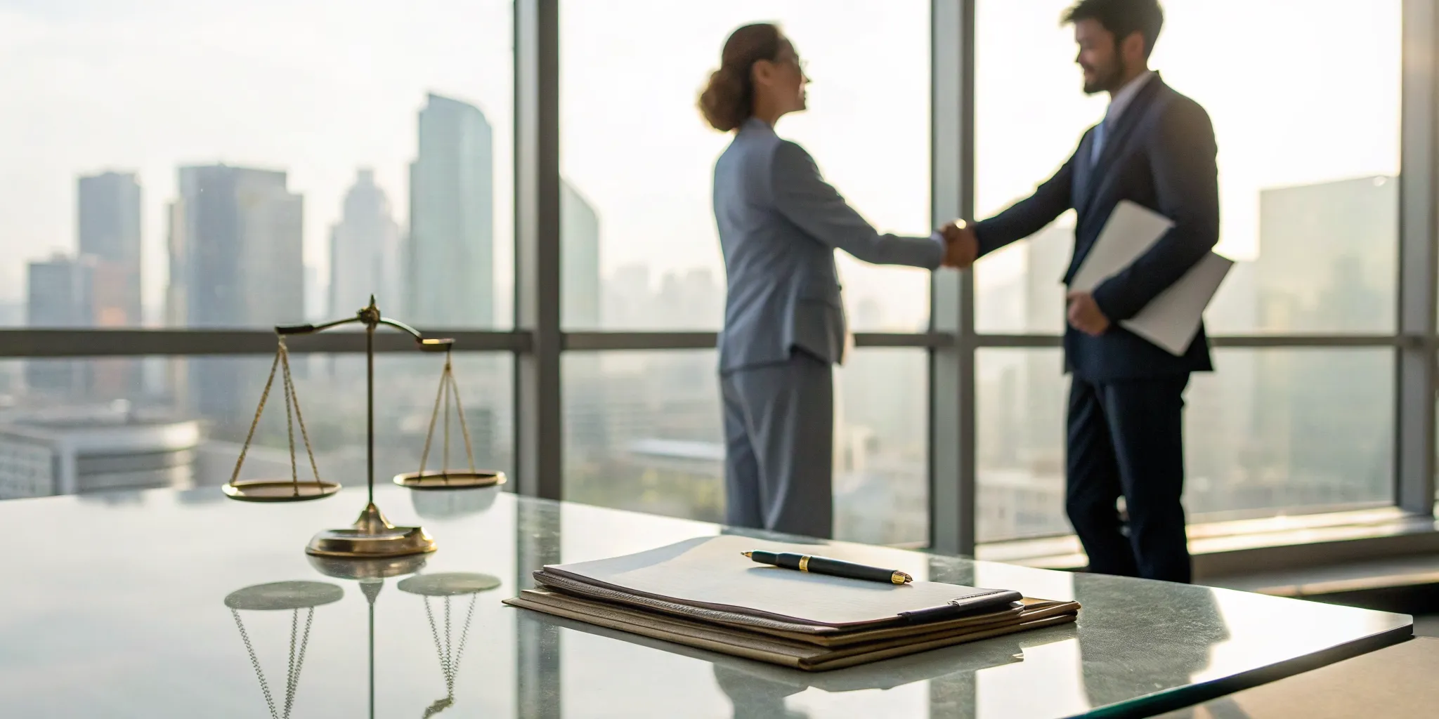 A no win no fee lawyer and client shake hands over a desk with legal documents and scales of justice.