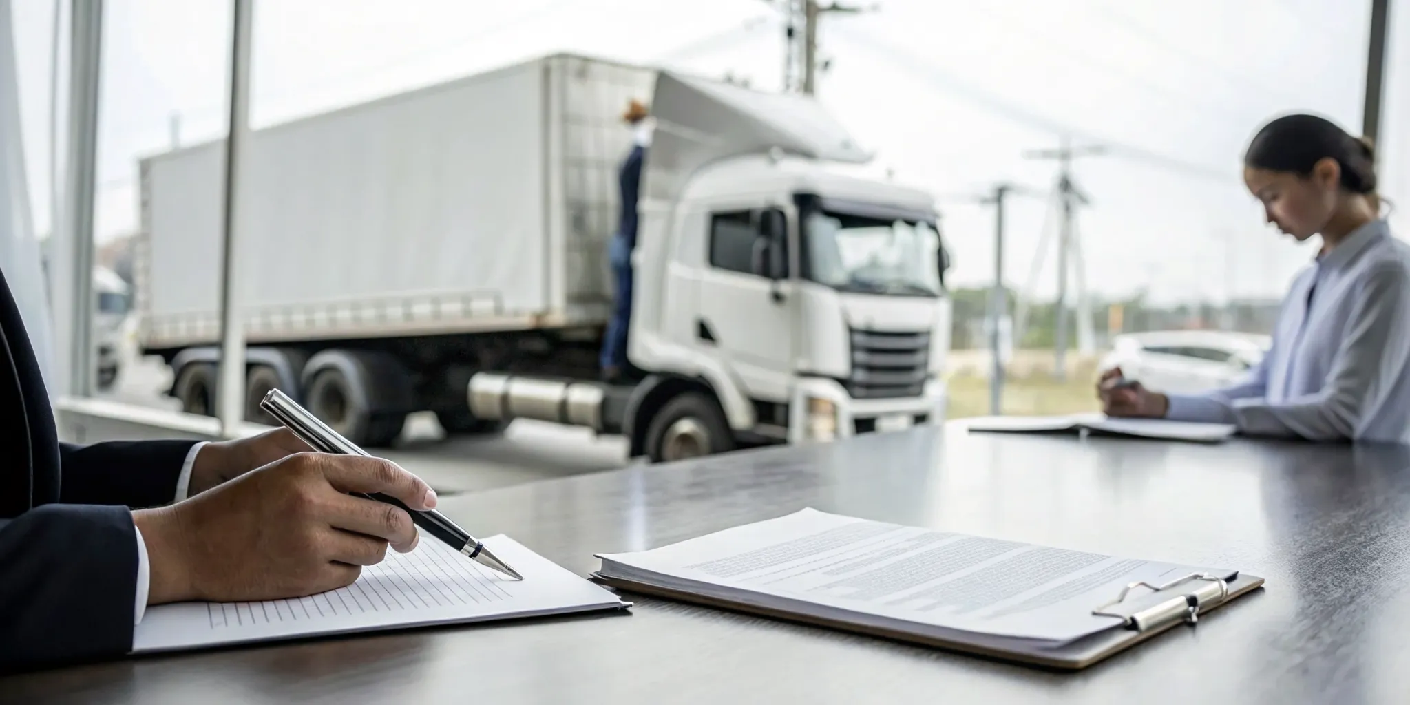 Truck crash lawyers review case documents with a semi-truck visible outside.