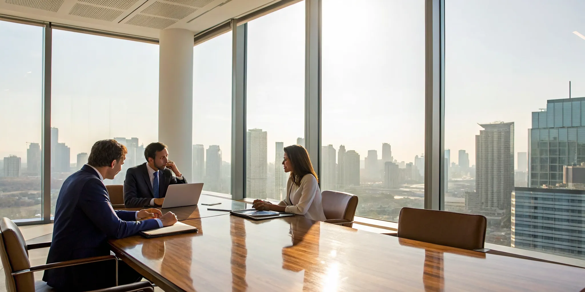 A wrongful death lawyer and team discussing a client's case in a professional office setting.