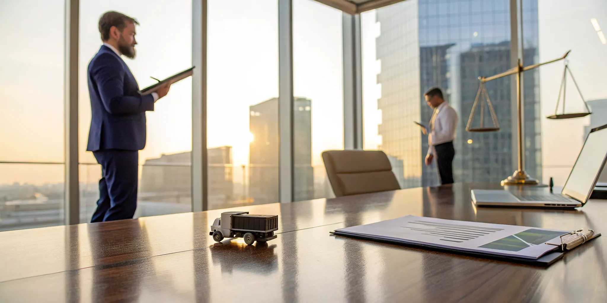 A truck accident lawyer's desk with scales of justice and a toy truck.