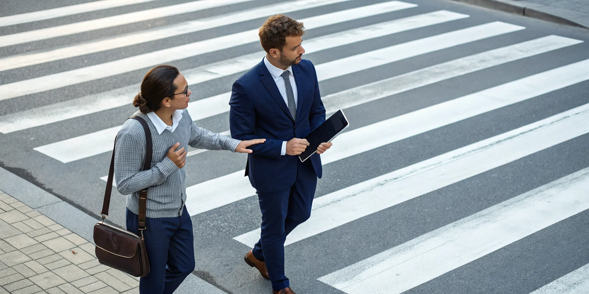 A pedestrian accident lawyer discusses a case with a client in a city crosswalk.