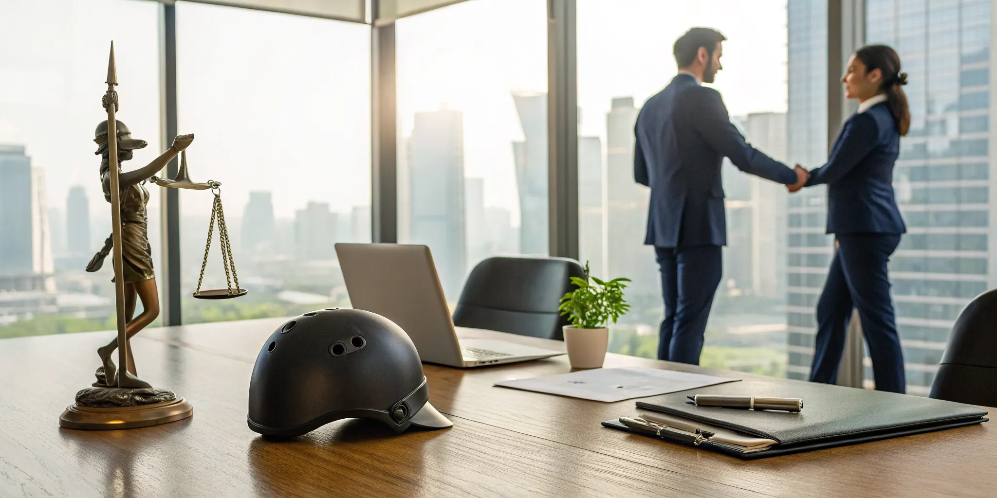 Client hires a bicycle accident lawyer, shaking hands in an office with a helmet and legal scales nearby.