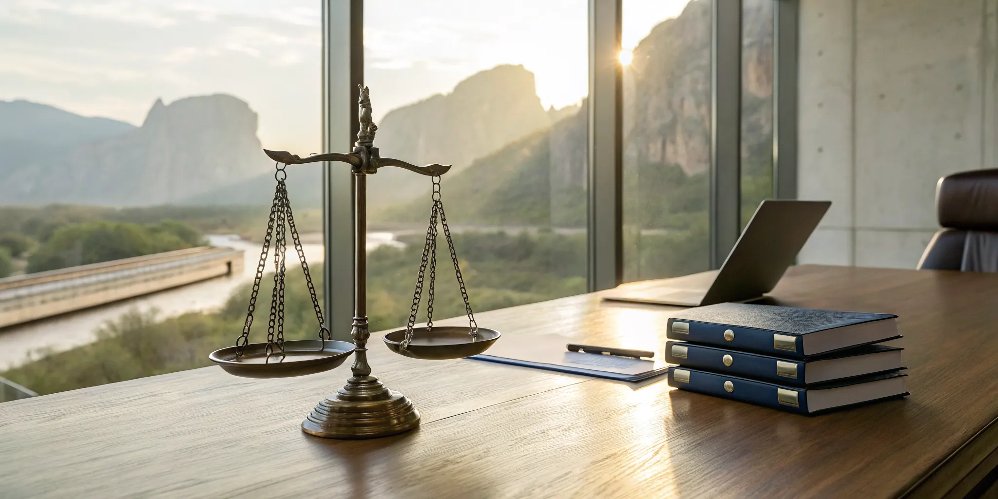 A Round Rock truck accident lawyer's desk with scales of justice.