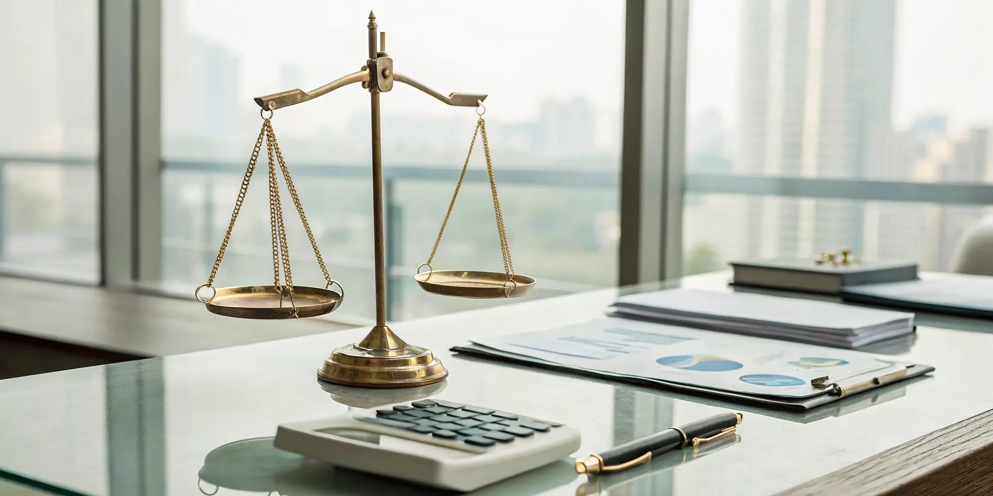 A calculator and legal documents on a desk showing how much a car accident lawyer costs.