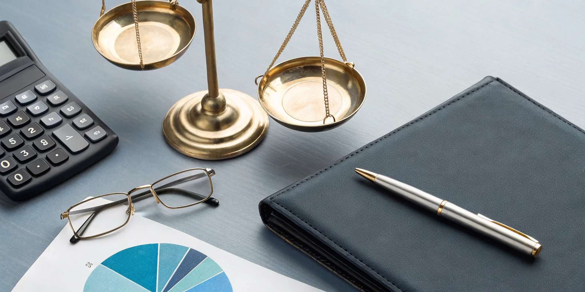 Calculator and scales of justice showing how much a personal injury lawyer costs.