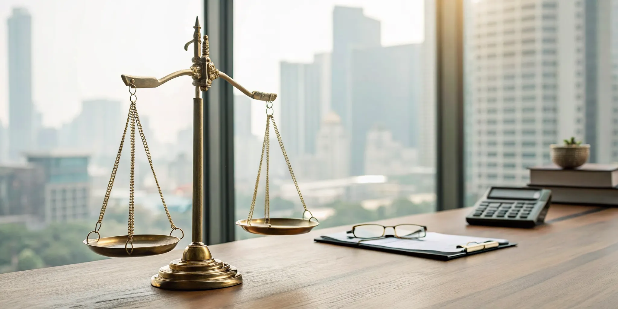 Calculator and scales of justice showing how much a wrongful death lawsuit costs.