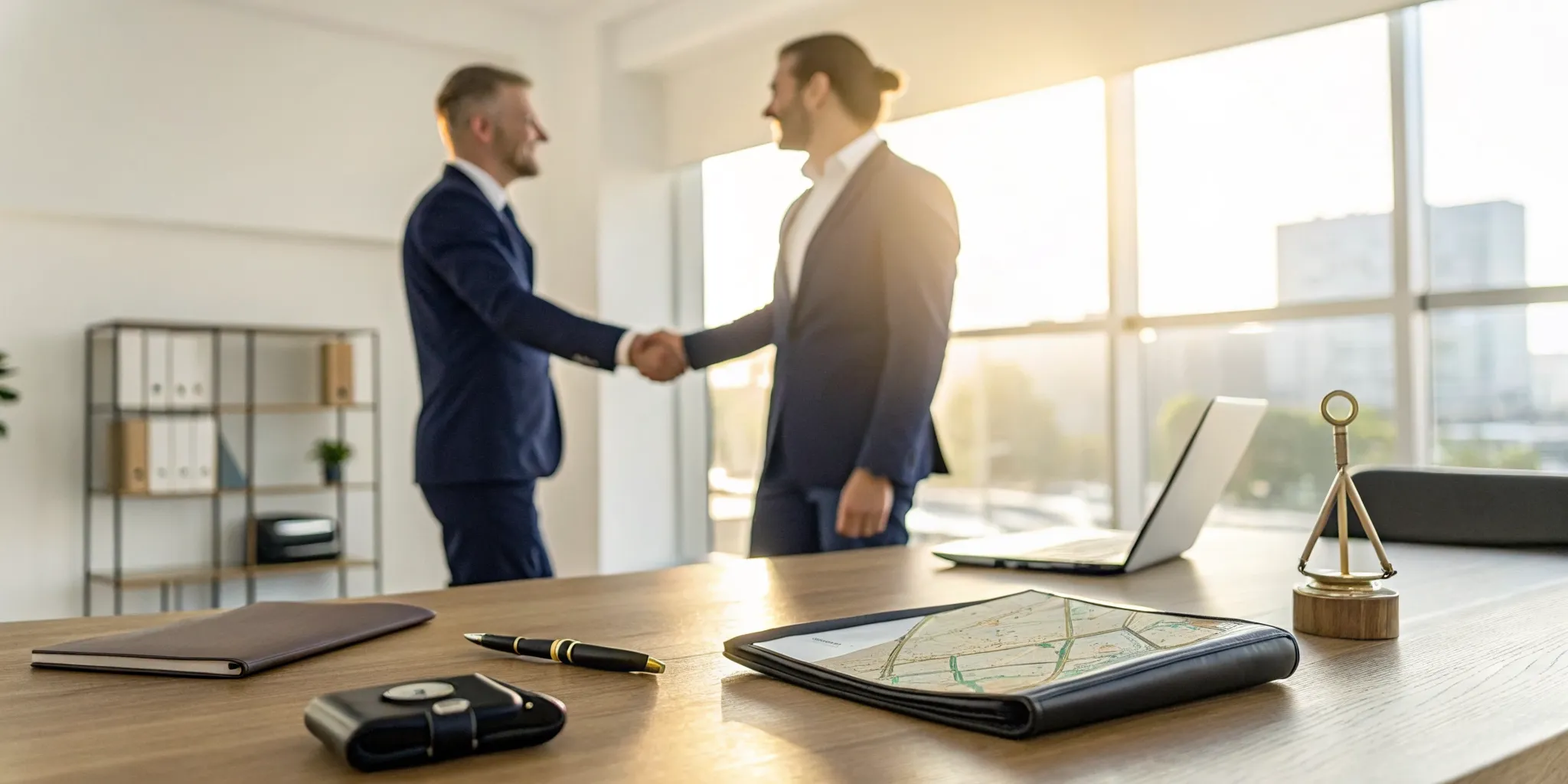 A man shakes hands with his newly chosen top rated car accident lawyer.