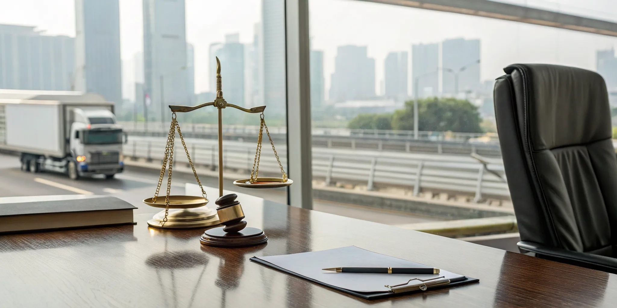 The desk of the best commercial truck accident lawyer, with a gavel and scales of justice.